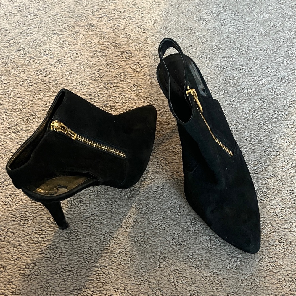 Cole Haan Black Heeled Boots with Gold Zipper